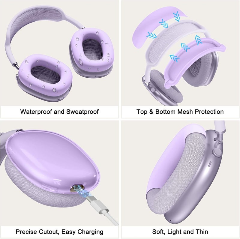 MINDRESY [4 in 1] Silicone Case Cover for AirPods Max,Clear Soft TPU Ear Cups Cover/Ear Pad Case/Headband Covers for AirPods Max(2024/2020),Transparent Accessories for Apple AirPod Max (USB-C),Pastel Lilac - Image 5